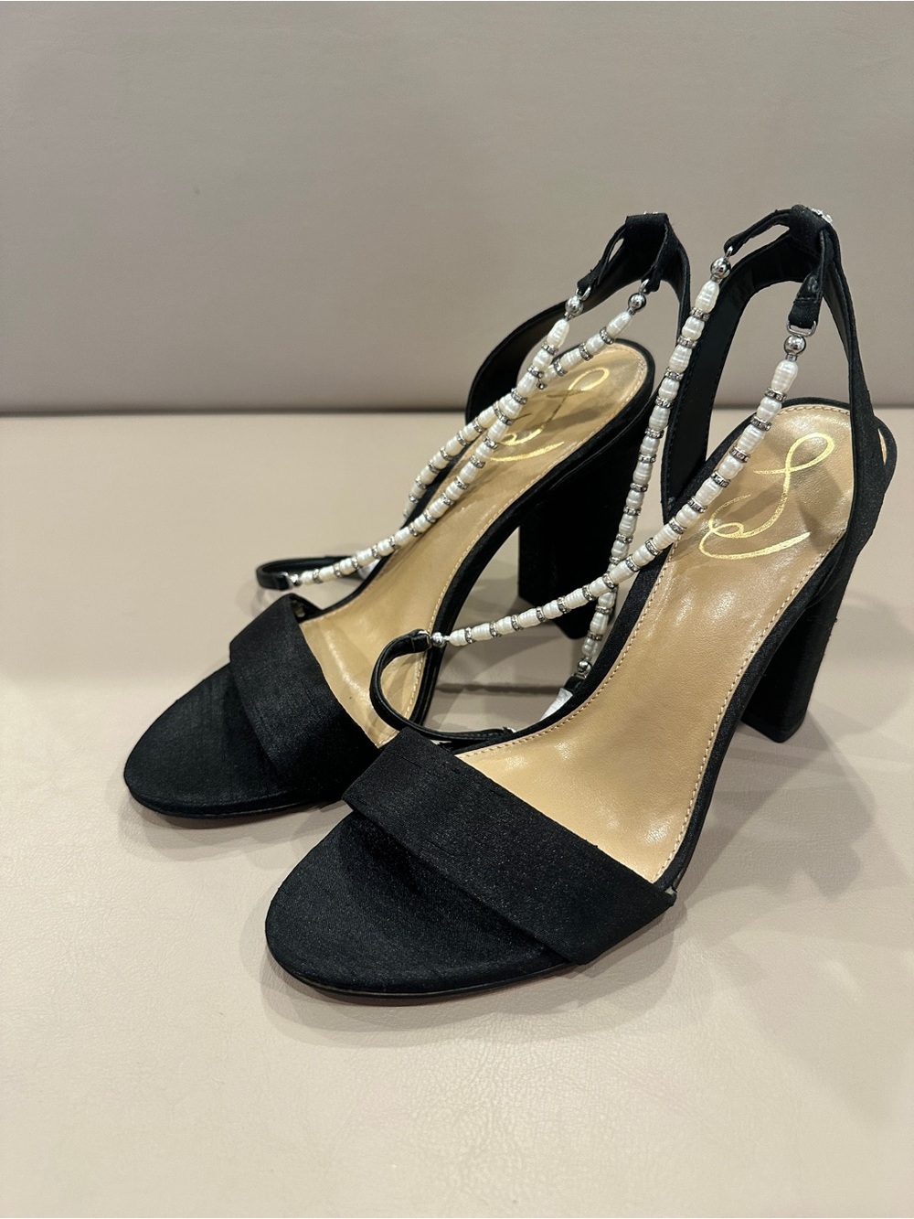 Sam Edelman Beaded Ankle Wrap Strap Black Heels